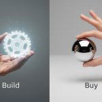 Visual comparison of building vs buying software features — a glowing gear in one hand for custom builds, and a polished sphere in the other hand for off-the-shelf solutions.